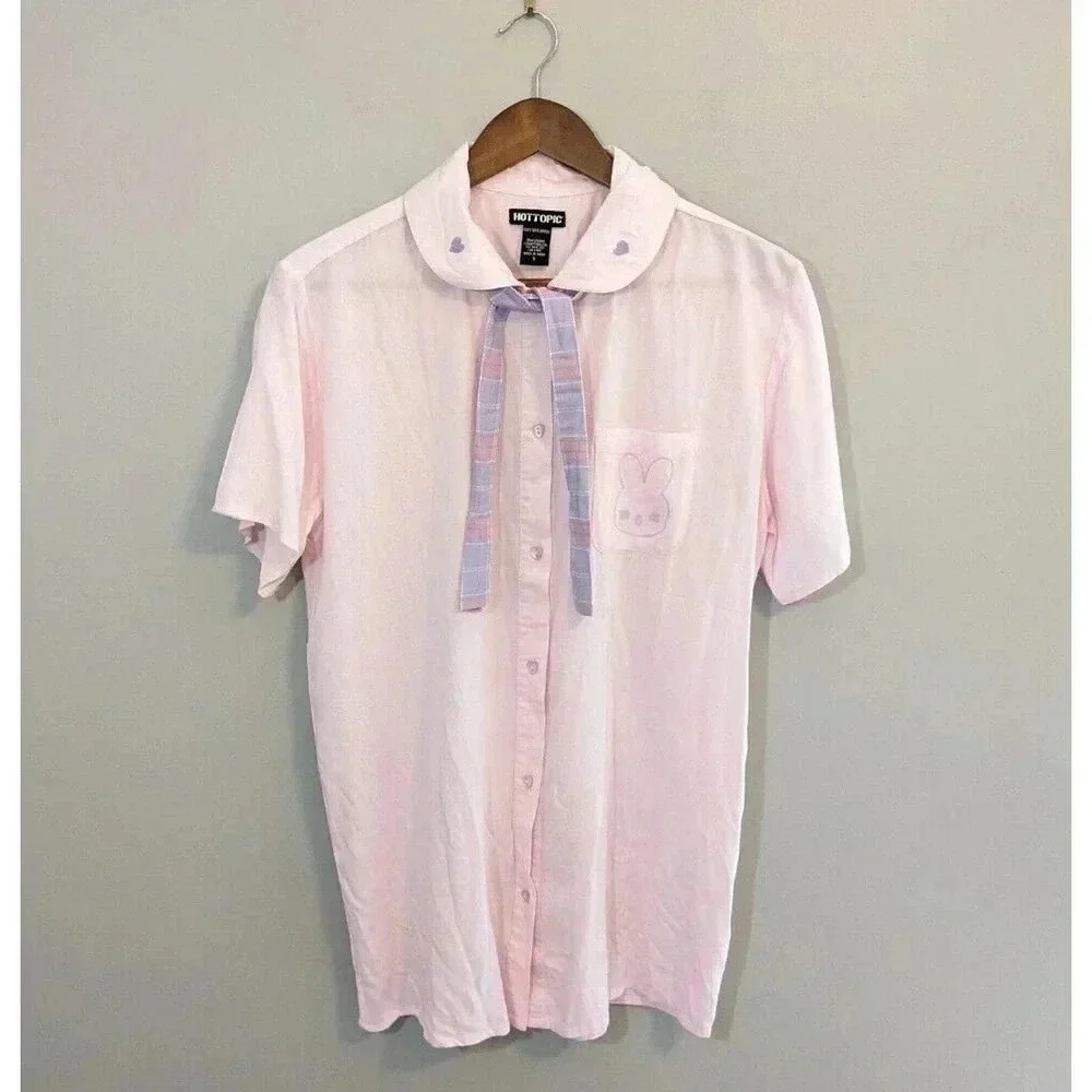 Hot Topic Kawaii Pastel Bunny Bow Girls Woven Button Up Top Size Small Heart